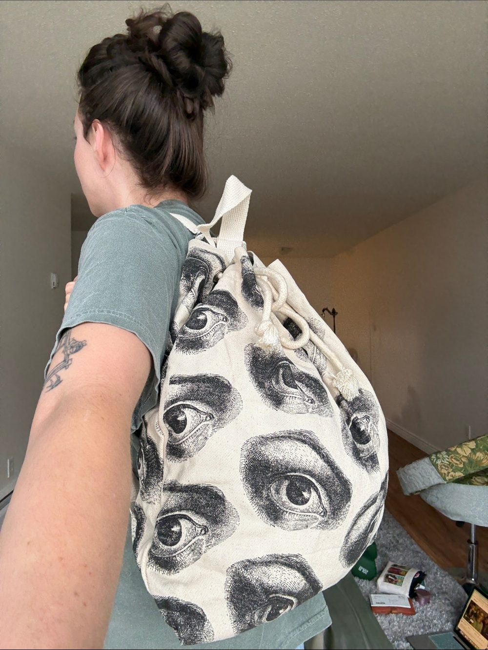 Canvas Drawstring Backpack with Eye Print - Cream/Black